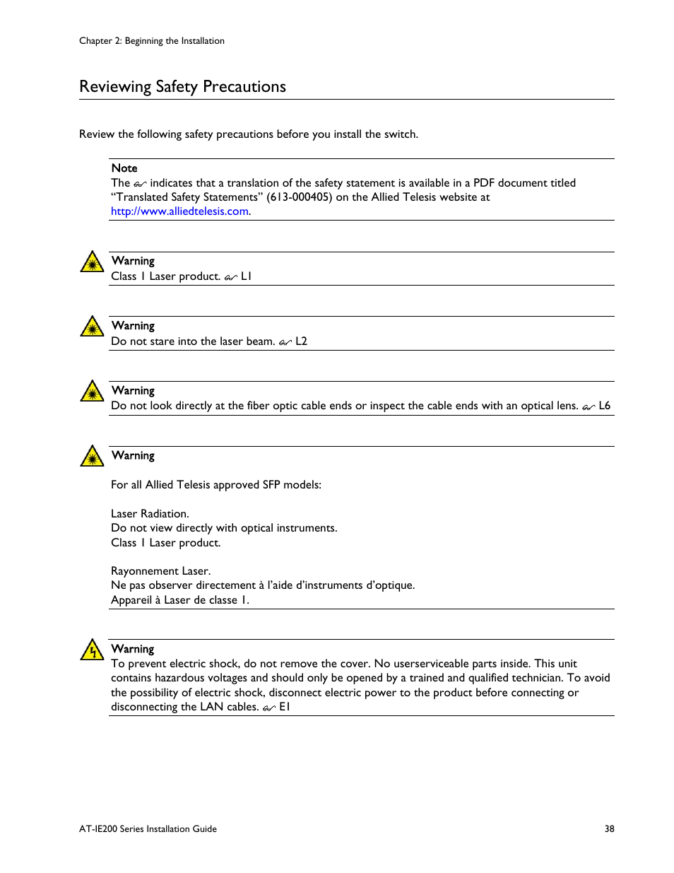 Reviewing safety precautions | Allied Telesis IE200 Series User Manual | Page 38 / 70