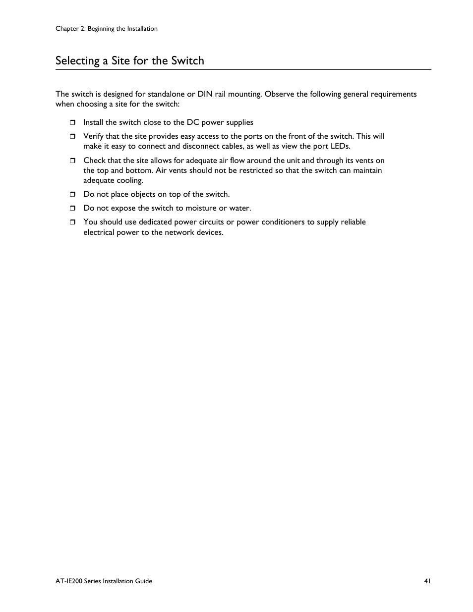 Selecting a site for the switch | Allied Telesis IE200 Series User Manual | Page 41 / 70