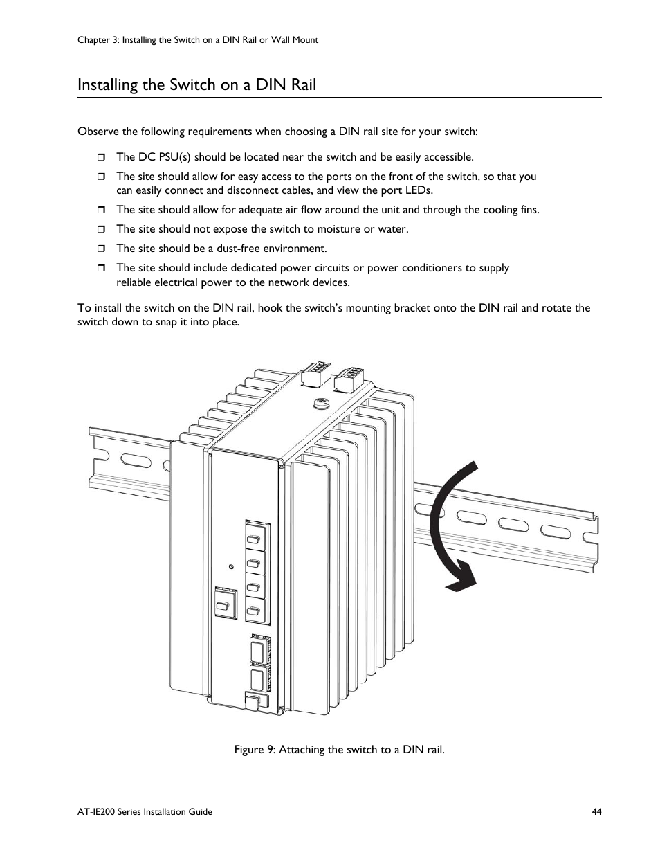 Installing the switch on a din rail, Figure 9: attaching the switch to a din rail | Allied Telesis IE200 Series User Manual | Page 44 / 70