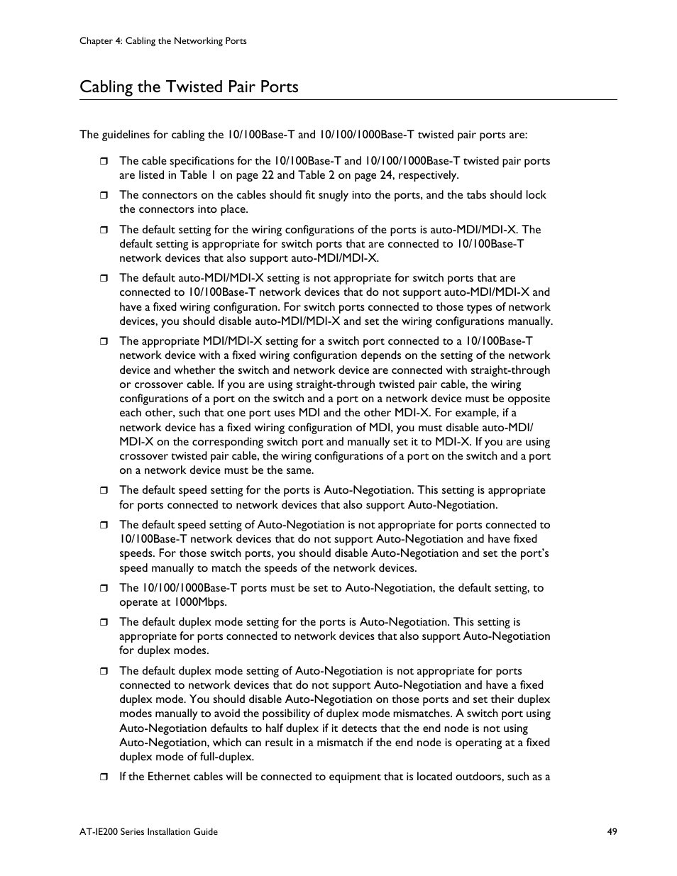 Cabling the twisted pair ports | Allied Telesis IE200 Series User Manual | Page 49 / 70