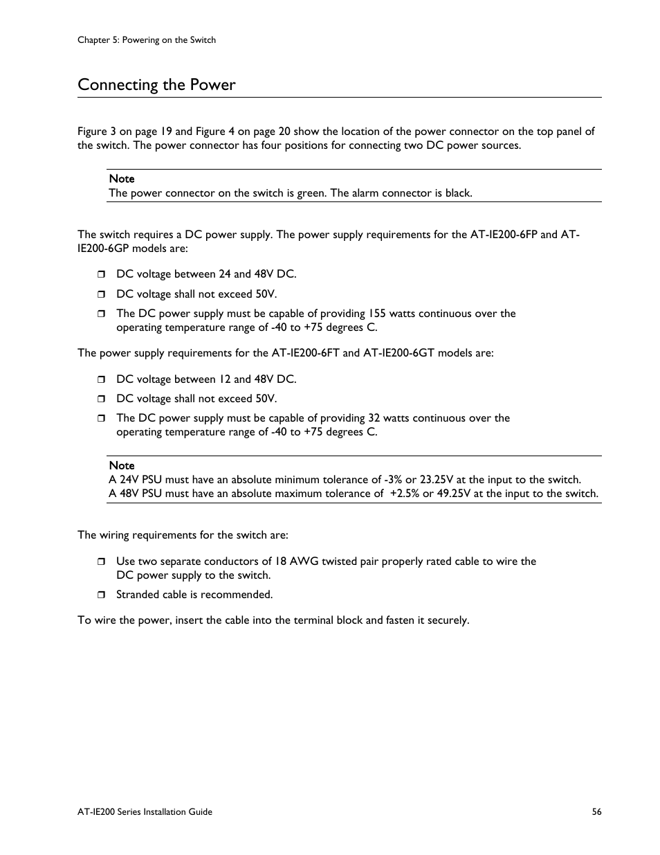 Connecting the power | Allied Telesis IE200 Series User Manual | Page 56 / 70