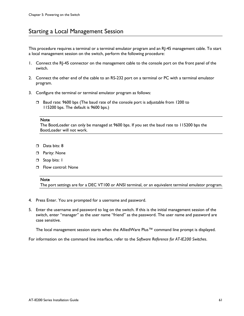 Starting a local management session | Allied Telesis IE200 Series User Manual | Page 61 / 70