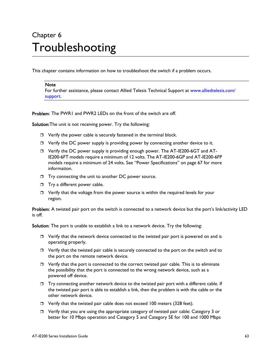 Chapter 6, Troubleshooting, Chapter 6: troubleshooting | Allied Telesis IE200 Series User Manual | Page 63 / 70