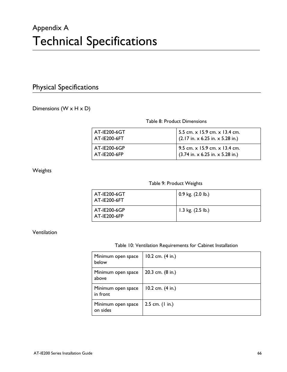Appendix a, Technical specifications, Physical specifications | Appendix a: technical specifications, Product dimensions, Product weights | Allied Telesis IE200 Series User Manual | Page 66 / 70