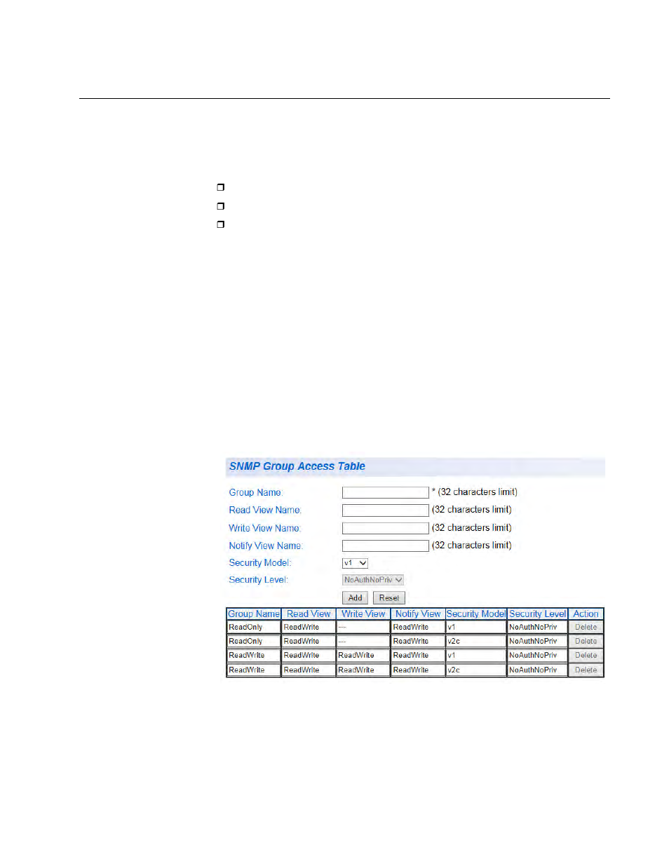 Snmpv3 view names, Creating snmpv3 view names, Snmp group access table | Allied Telesis AT-GS950/48 User Manual | Page 233 / 410