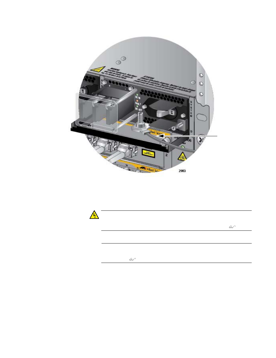 Figure 124: installing the grounding wire | Allied Telesis AT-SBx81CFC960 User Manual | Page 183 / 322