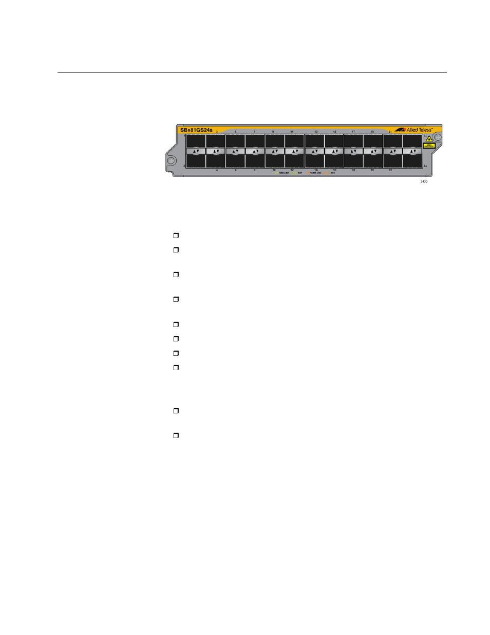 At-sbx81gs24a sfp line card, Leds, Figure 22: at-sbx81gs24a sfp line card | Allied Telesis AT-SBx81CFC960 User Manual | Page 47 / 322
