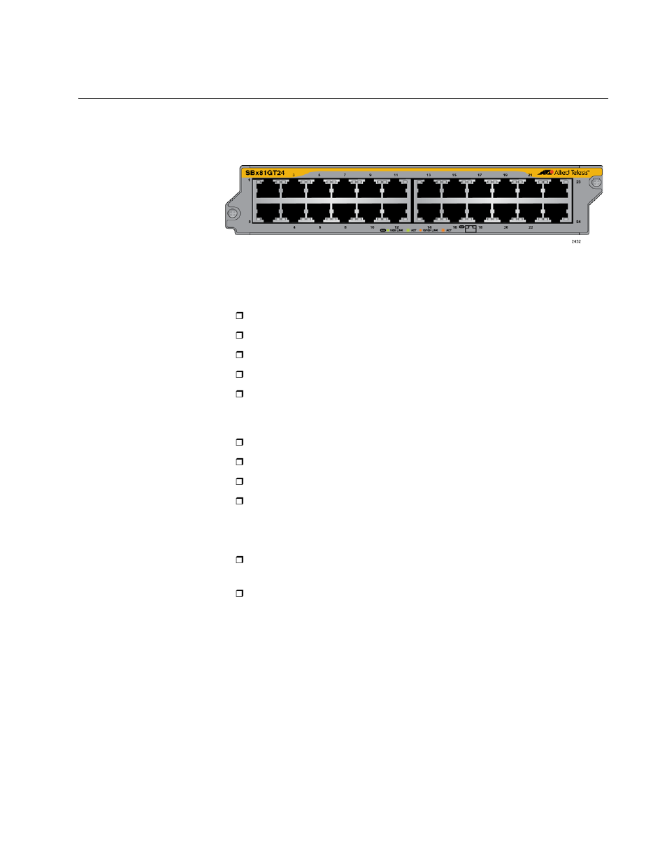 At-sbx81gt24 line card, Leds, Figure 15: at-sbx81gt24 line card | Allied Telesis AT-SBx81CFC960 User Manual | Page 39 / 322