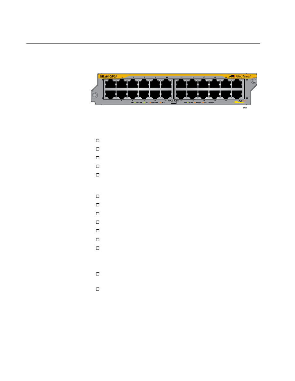At-sbx81gp24 poe line card, Figure 20: at-sbx81gp24 poe line card | Allied Telesis AT-SBx81CFC960 User Manual | Page 44 / 322