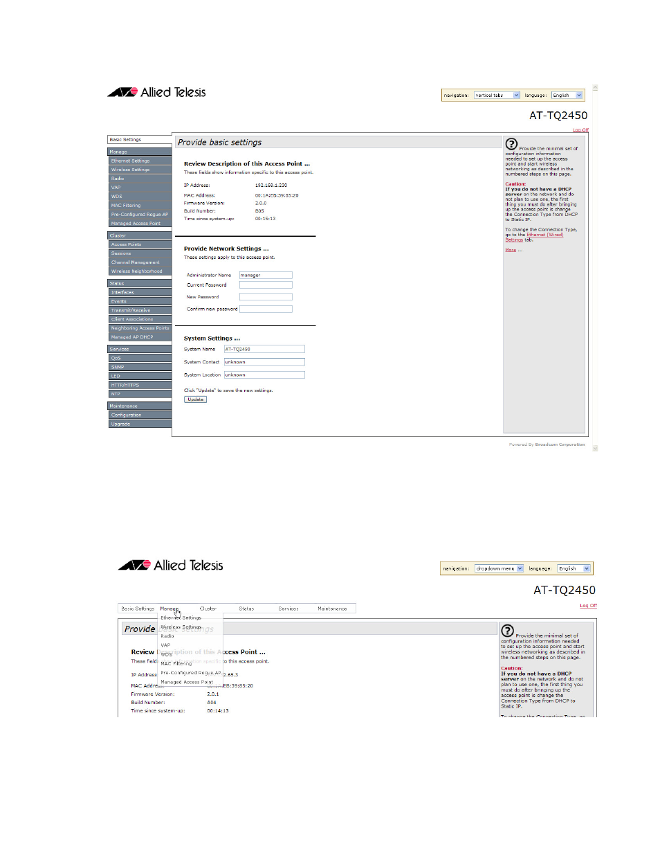 Figure 4: vertical menus figure 5: dropdown menus | Allied Telesis AT-TQ Series User Manual | Page 27 / 172