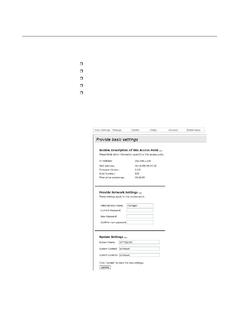 Displaying basic information, Figure 6: provide basic settings window | Allied Telesis AT-TQ Series User Manual | Page 30 / 172