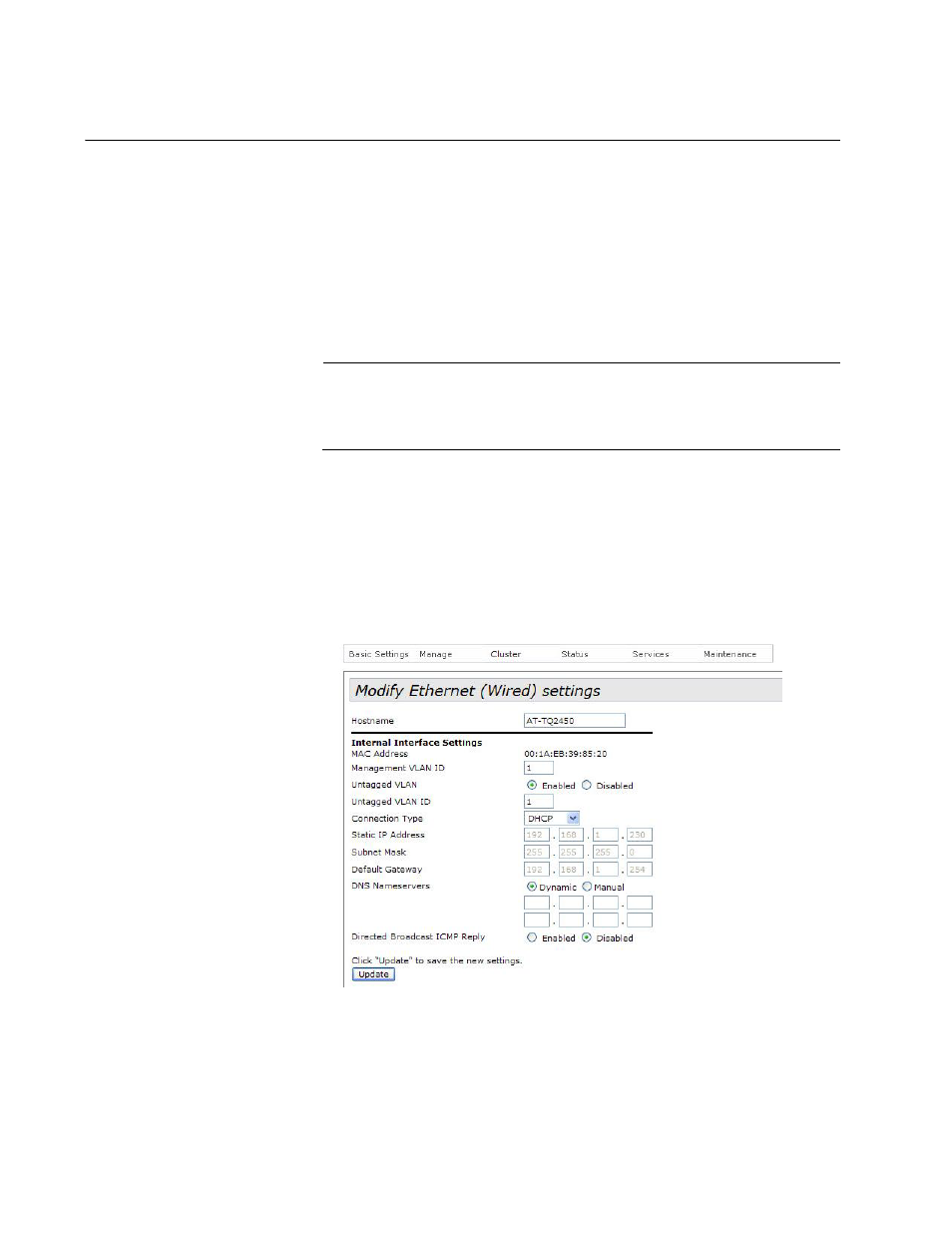 Assigning a static ip address to the access point, Figure 7: modify ethernet (wired) settings window | Allied Telesis AT-TQ Series User Manual | Page 36 / 172