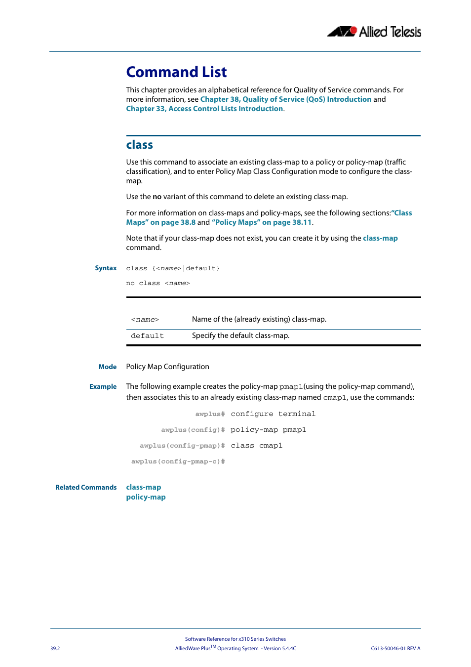 Command list, Class, Command list class | Allied Telesis AlliedWare Plus Operating System Version 5.4.4C (x310-26FT,x310-26FP,x310-50FT,x310-50FP) User Manual | Page 1008 / 2220