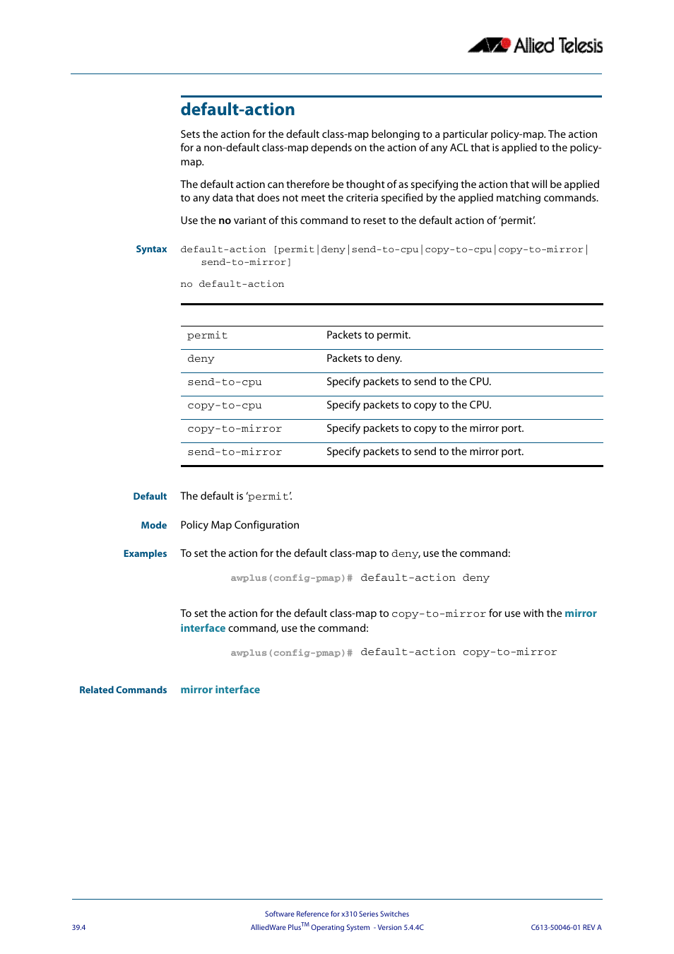 Default-action | Allied Telesis AlliedWare Plus Operating System Version 5.4.4C (x310-26FT,x310-26FP,x310-50FT,x310-50FP) User Manual | Page 1010 / 2220