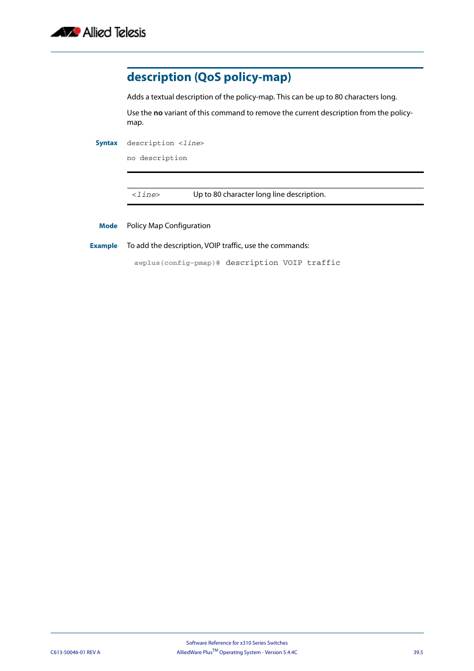 Description (qos policy-map) | Allied Telesis AlliedWare Plus Operating System Version 5.4.4C (x310-26FT,x310-26FP,x310-50FT,x310-50FP) User Manual | Page 1011 / 2220