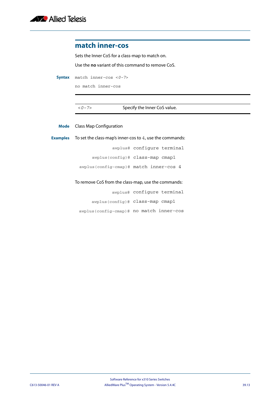 Match inner-cos | Allied Telesis AlliedWare Plus Operating System Version 5.4.4C (x310-26FT,x310-26FP,x310-50FT,x310-50FP) User Manual | Page 1019 / 2220