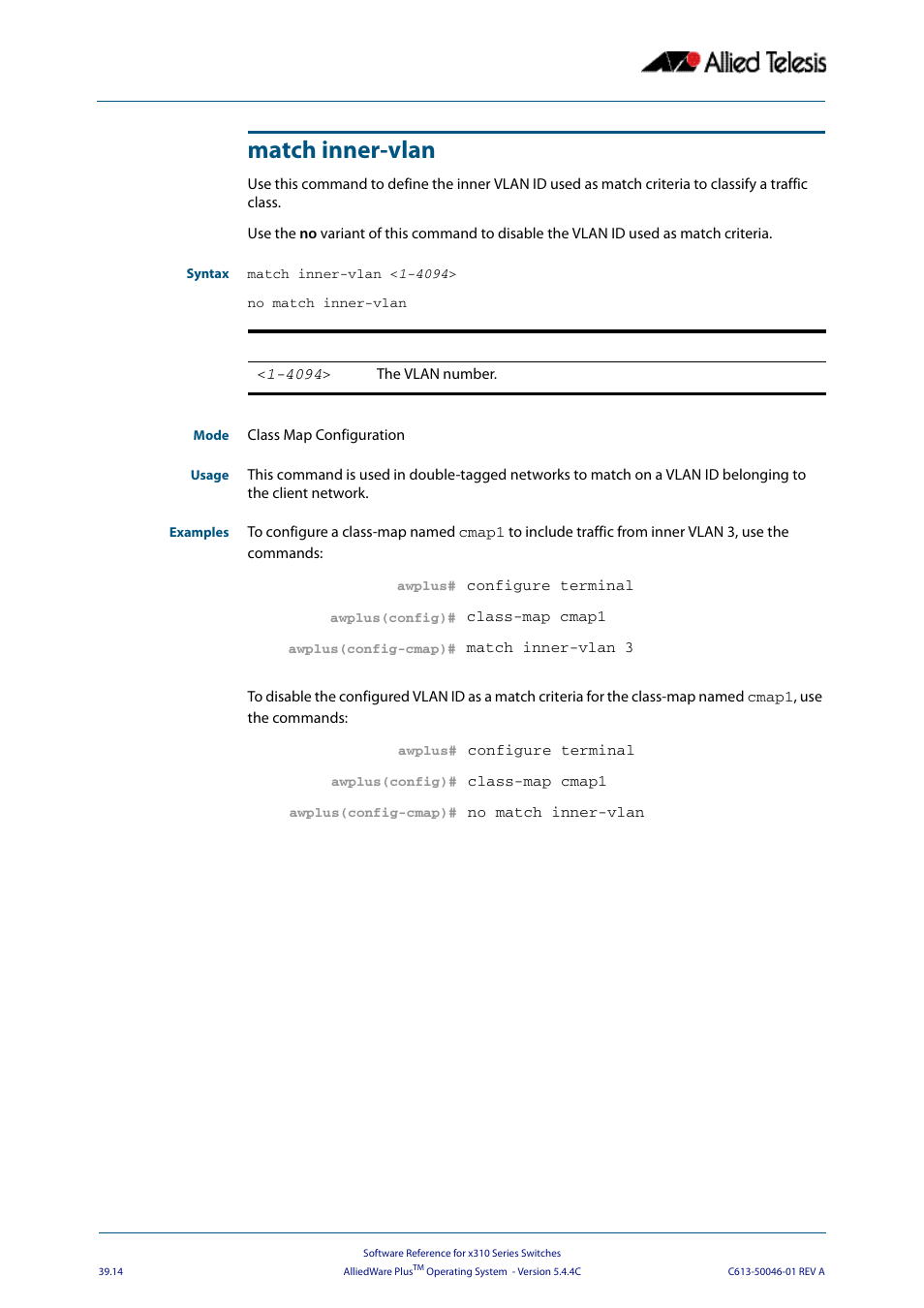 Match inner-vlan, Comman | Allied Telesis AlliedWare Plus Operating System Version 5.4.4C (x310-26FT,x310-26FP,x310-50FT,x310-50FP) User Manual | Page 1020 / 2220