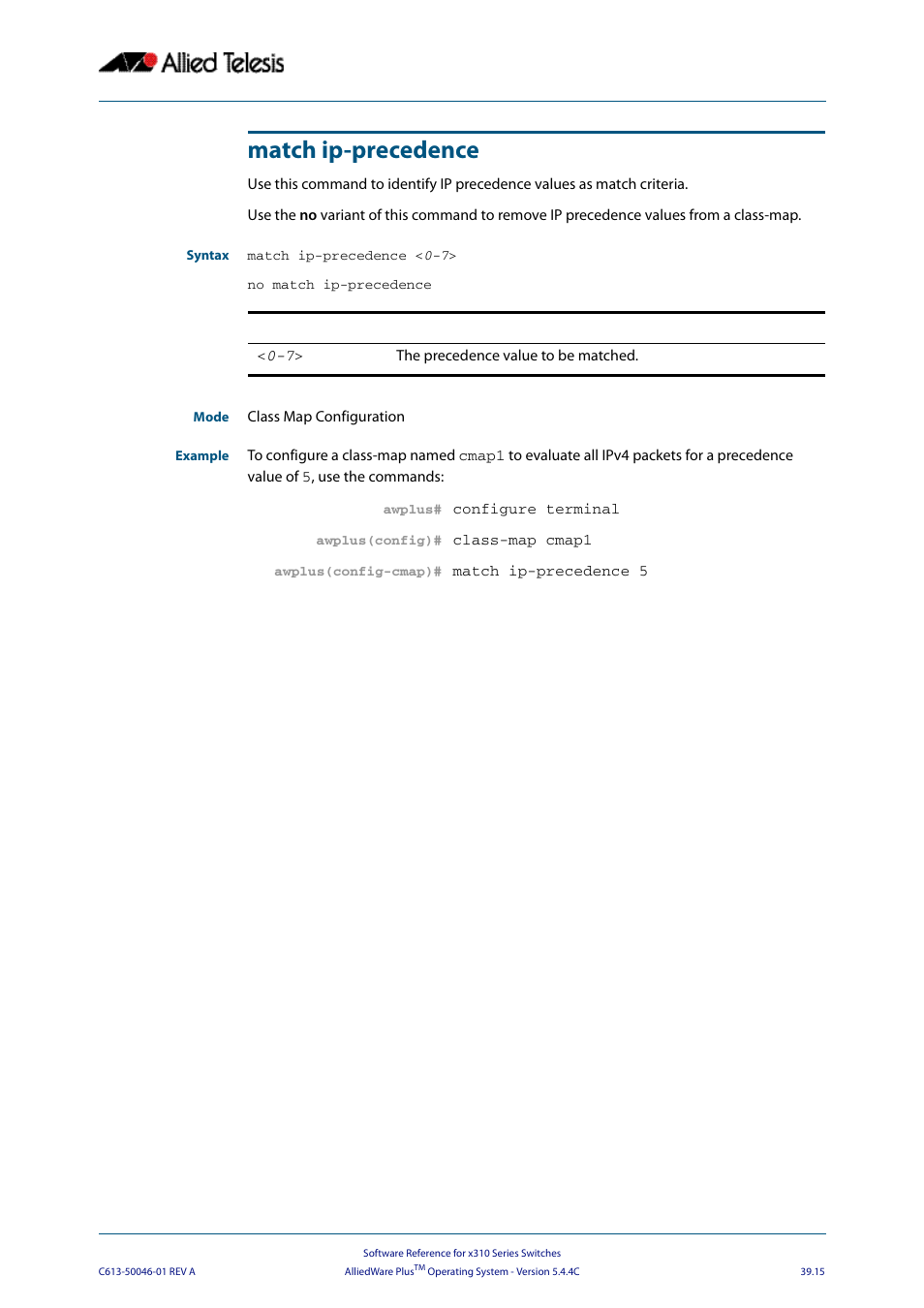 Match ip-precedence | Allied Telesis AlliedWare Plus Operating System Version 5.4.4C (x310-26FT,x310-26FP,x310-50FT,x310-50FP) User Manual | Page 1021 / 2220