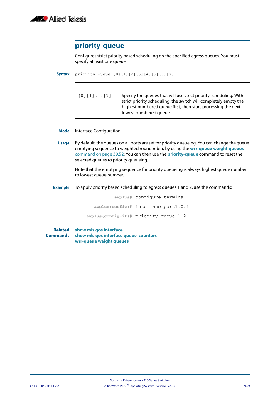 Priority-queue | Allied Telesis AlliedWare Plus Operating System Version 5.4.4C (x310-26FT,x310-26FP,x310-50FT,x310-50FP) User Manual | Page 1035 / 2220