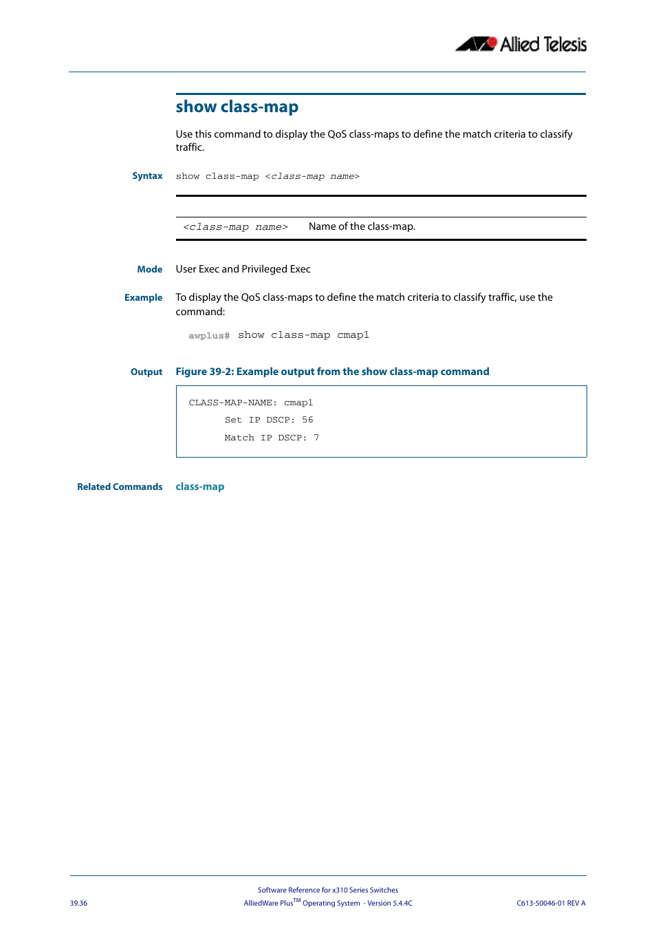 Show class-map | Allied Telesis AlliedWare Plus Operating System Version 5.4.4C (x310-26FT,x310-26FP,x310-50FT,x310-50FP) User Manual | Page 1042 / 2220