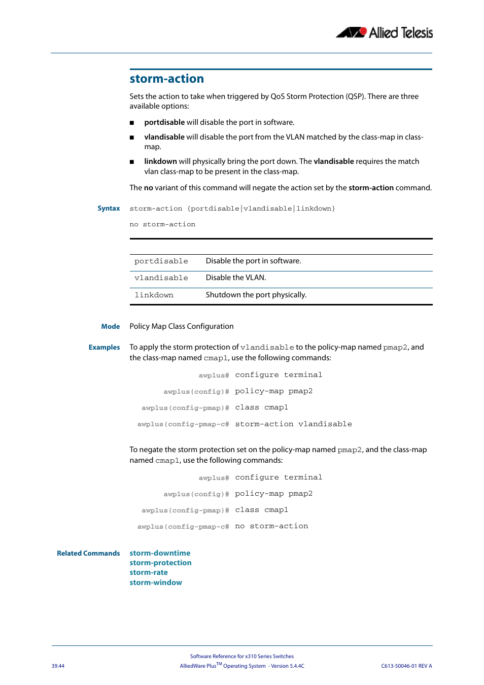 Storm-action, Sp), use the, Storm | Allied Telesis AlliedWare Plus Operating System Version 5.4.4C (x310-26FT,x310-26FP,x310-50FT,x310-50FP) User Manual | Page 1050 / 2220