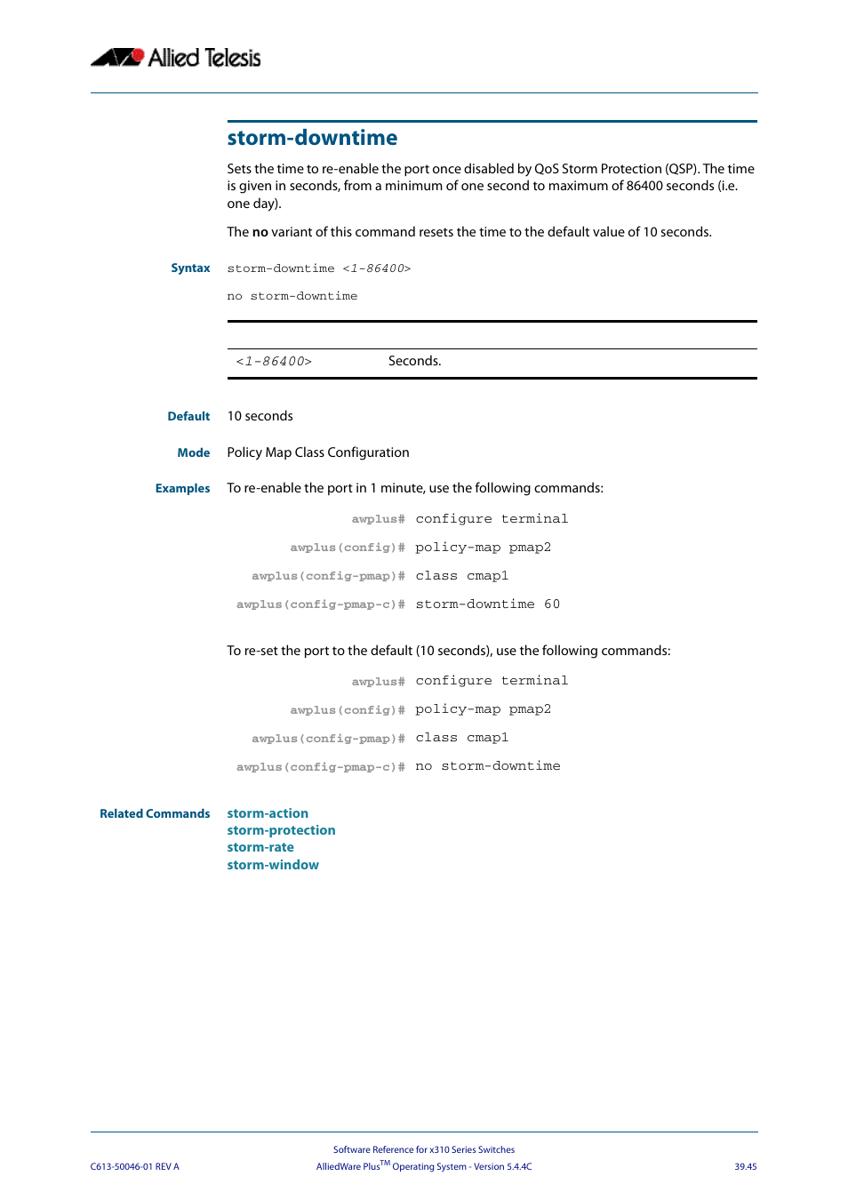 Storm-downtime | Allied Telesis AlliedWare Plus Operating System Version 5.4.4C (x310-26FT,x310-26FP,x310-50FT,x310-50FP) User Manual | Page 1051 / 2220