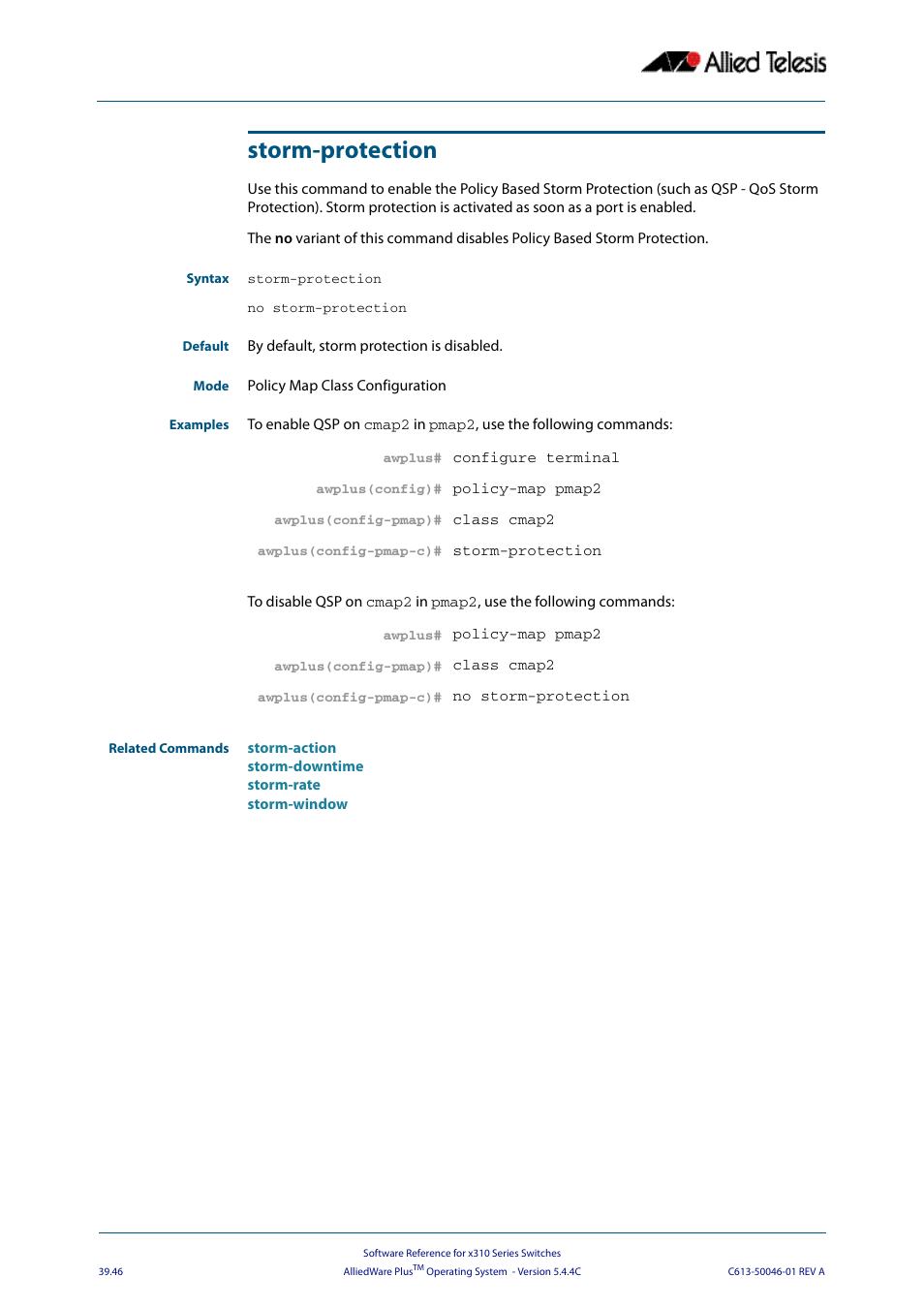 Storm-protection, Storm-protection command on | Allied Telesis AlliedWare Plus Operating System Version 5.4.4C (x310-26FT,x310-26FP,x310-50FT,x310-50FP) User Manual | Page 1052 / 2220