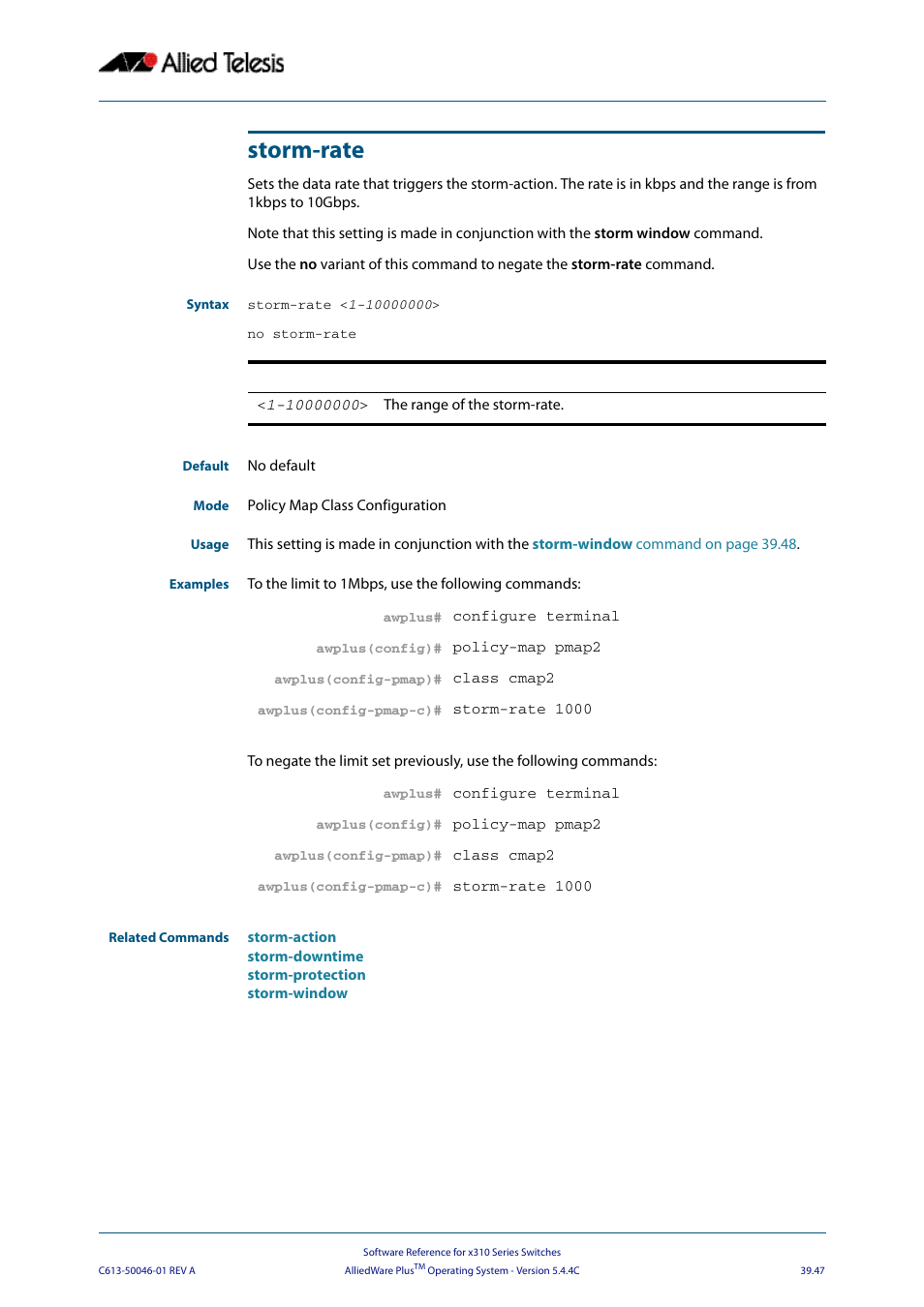 Storm-rate | Allied Telesis AlliedWare Plus Operating System Version 5.4.4C (x310-26FT,x310-26FP,x310-50FT,x310-50FP) User Manual | Page 1053 / 2220