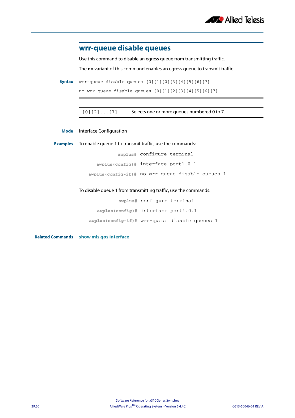 Wrr-queue disable queues | Allied Telesis AlliedWare Plus Operating System Version 5.4.4C (x310-26FT,x310-26FP,x310-50FT,x310-50FP) User Manual | Page 1056 / 2220