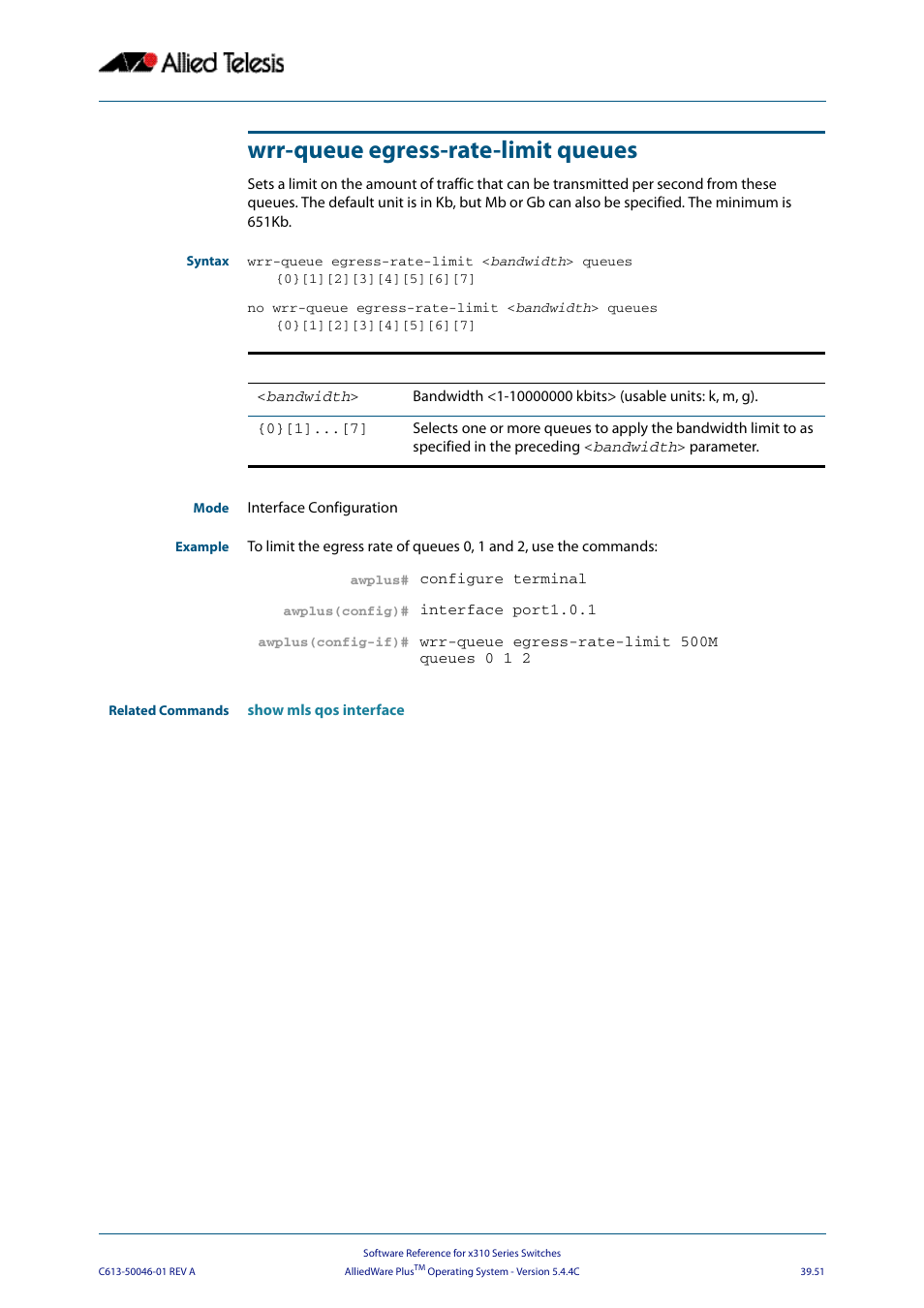 Wrr-queue egress-rate-limit queues | Allied Telesis AlliedWare Plus Operating System Version 5.4.4C (x310-26FT,x310-26FP,x310-50FT,x310-50FP) User Manual | Page 1057 / 2220