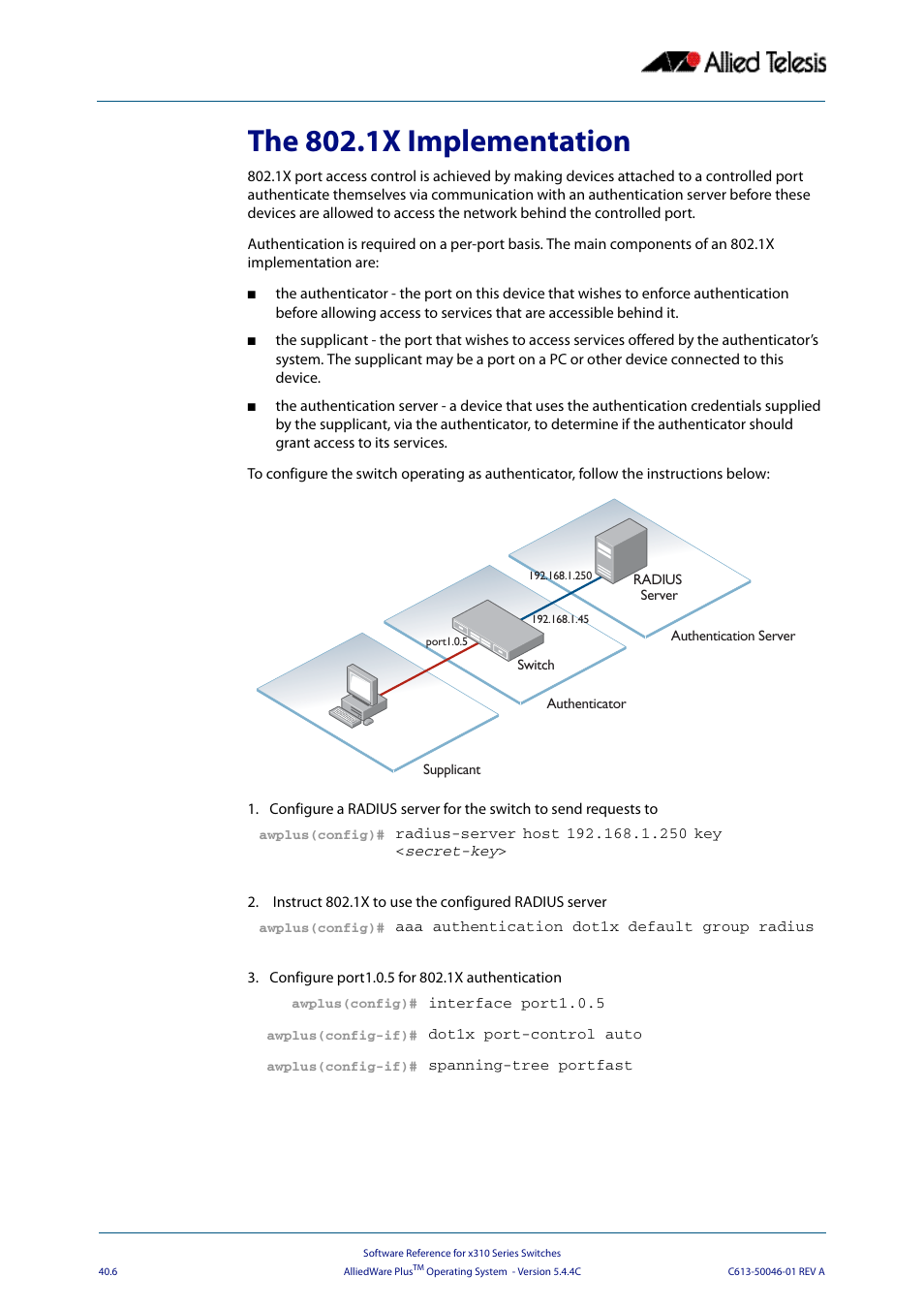 The 802.1x implementation | Allied Telesis AlliedWare Plus Operating System Version 5.4.4C (x310-26FT,x310-26FP,x310-50FT,x310-50FP) User Manual | Page 1064 / 2220