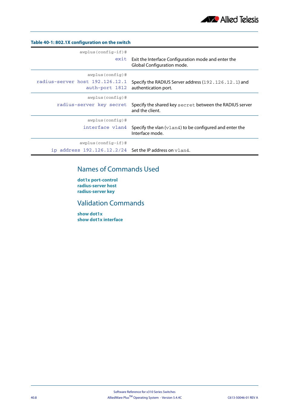 Names of commands used, Validation commands | Allied Telesis AlliedWare Plus Operating System Version 5.4.4C (x310-26FT,x310-26FP,x310-50FT,x310-50FP) User Manual | Page 1066 / 2220