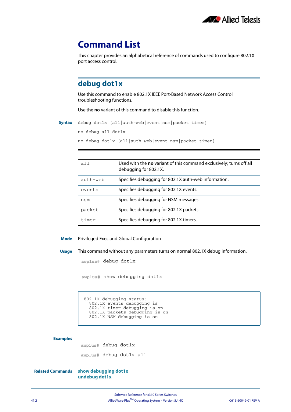 Command list, Debug dot1x, Command list debug dot1x | Allied Telesis AlliedWare Plus Operating System Version 5.4.4C (x310-26FT,x310-26FP,x310-50FT,x310-50FP) User Manual | Page 1068 / 2220