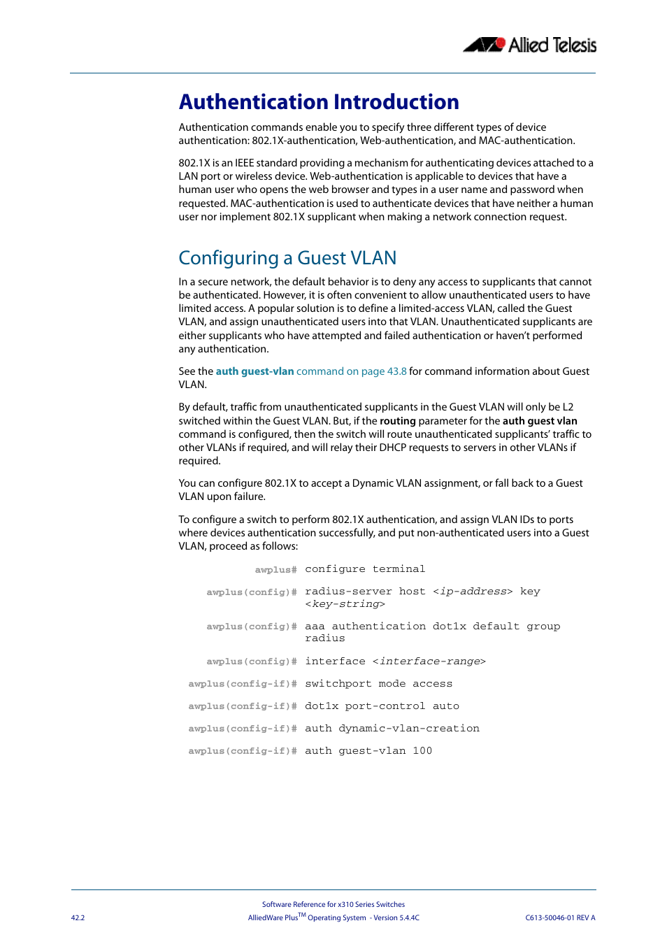 Authentication introduction, Configuring a guest vlan | Allied Telesis AlliedWare Plus Operating System Version 5.4.4C (x310-26FT,x310-26FP,x310-50FT,x310-50FP) User Manual | Page 1098 / 2220