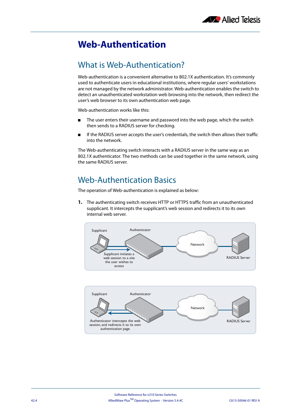 Web-authentication, What is web-authentication, Web-authentication basics | Allied Telesis AlliedWare Plus Operating System Version 5.4.4C (x310-26FT,x310-26FP,x310-50FT,x310-50FP) User Manual | Page 1100 / 2220