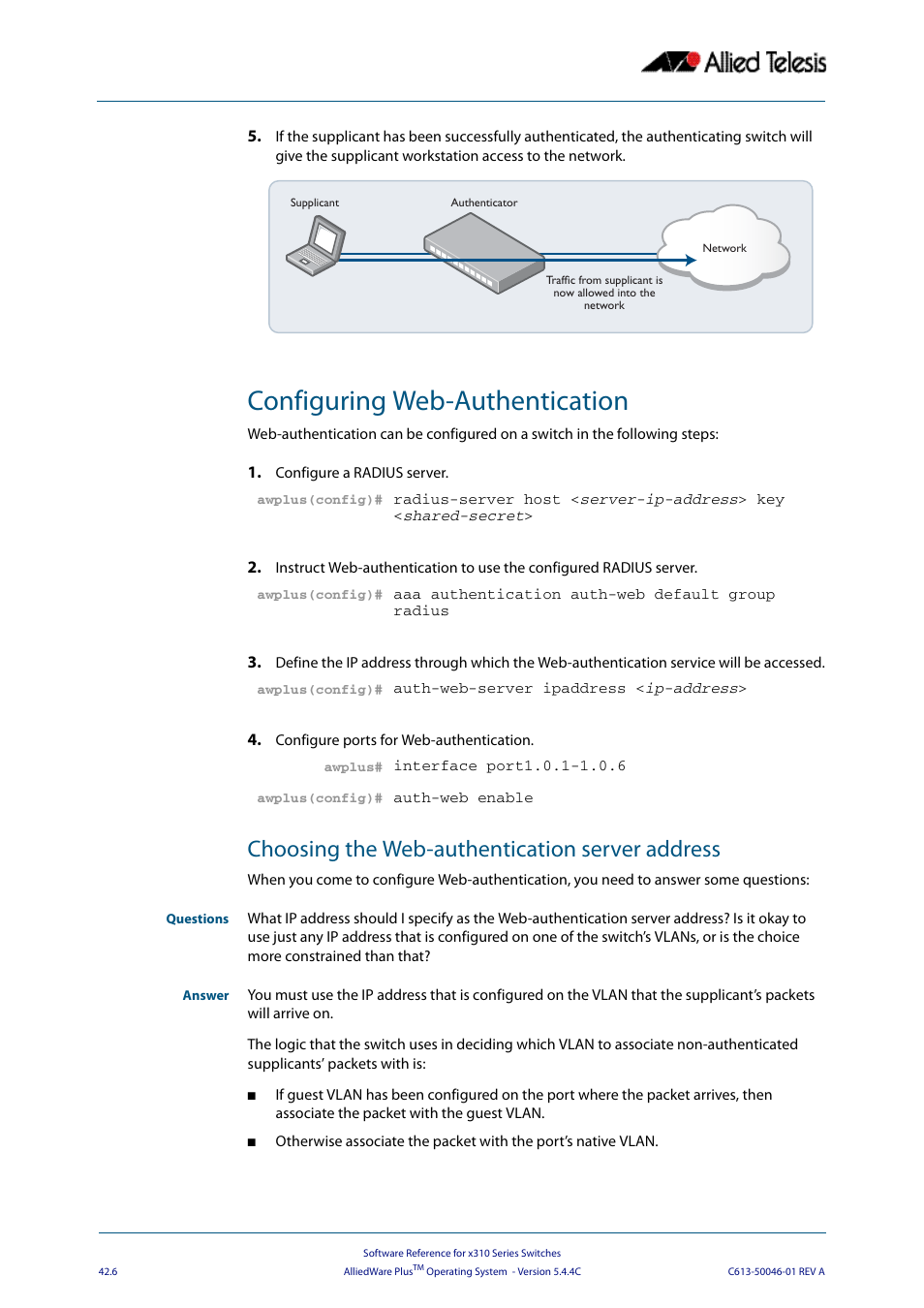 Configuring web-authentication, Choosing the web-authentication server address | Allied Telesis AlliedWare Plus Operating System Version 5.4.4C (x310-26FT,x310-26FP,x310-50FT,x310-50FP) User Manual | Page 1102 / 2220