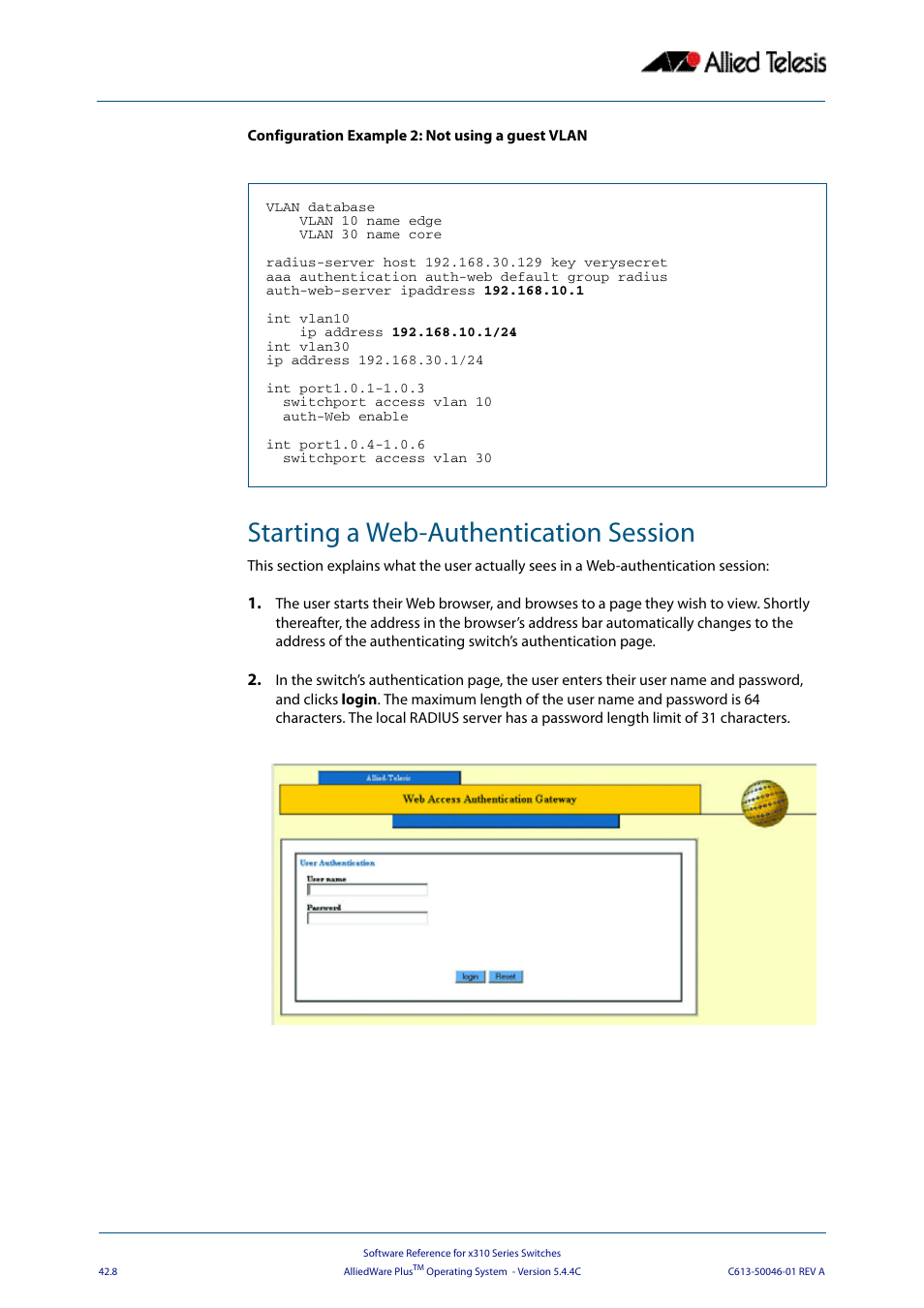 Starting a web-authentication session | Allied Telesis AlliedWare Plus Operating System Version 5.4.4C (x310-26FT,x310-26FP,x310-50FT,x310-50FP) User Manual | Page 1104 / 2220
