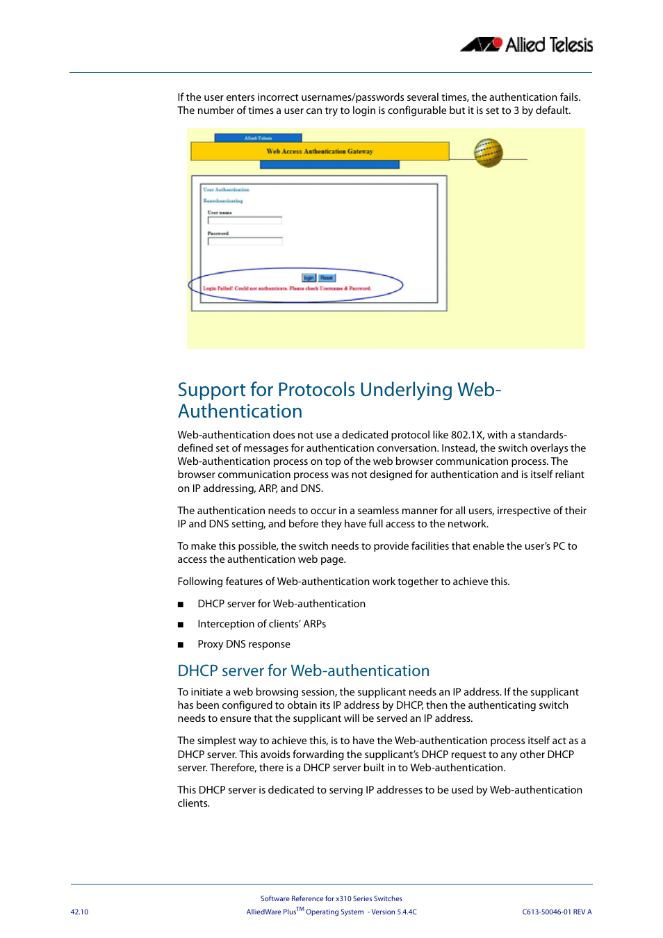 Dhcp server for web-authentication | Allied Telesis AlliedWare Plus Operating System Version 5.4.4C (x310-26FT,x310-26FP,x310-50FT,x310-50FP) User Manual | Page 1106 / 2220