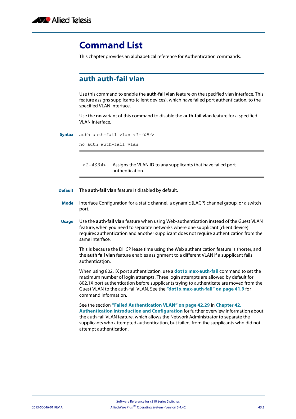 Command list, Auth auth-fail vlan, Command list auth auth-fail vlan | Allied Telesis AlliedWare Plus Operating System Version 5.4.4C (x310-26FT,x310-26FP,x310-50FT,x310-50FP) User Manual | Page 1129 / 2220