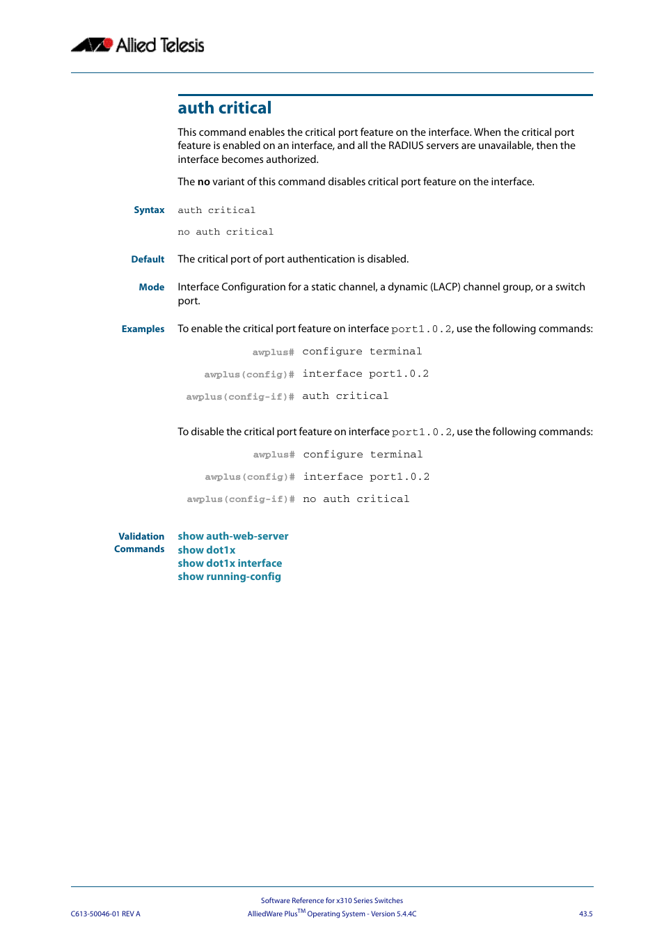 Auth critical | Allied Telesis AlliedWare Plus Operating System Version 5.4.4C (x310-26FT,x310-26FP,x310-50FT,x310-50FP) User Manual | Page 1131 / 2220