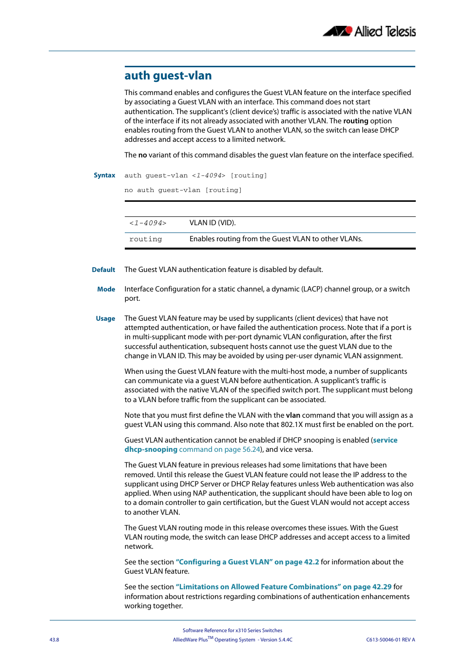 Auth guest-vlan | Allied Telesis AlliedWare Plus Operating System Version 5.4.4C (x310-26FT,x310-26FP,x310-50FT,x310-50FP) User Manual | Page 1134 / 2220