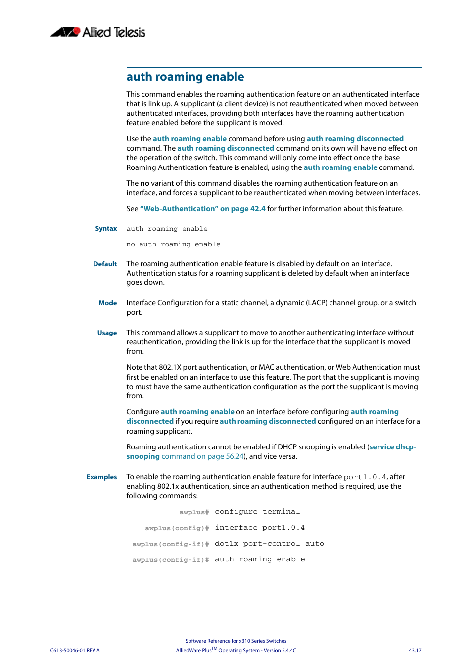 Auth roaming enable, Auth roaming enable command, Comman | Auth roaming | Allied Telesis AlliedWare Plus Operating System Version 5.4.4C (x310-26FT,x310-26FP,x310-50FT,x310-50FP) User Manual | Page 1143 / 2220