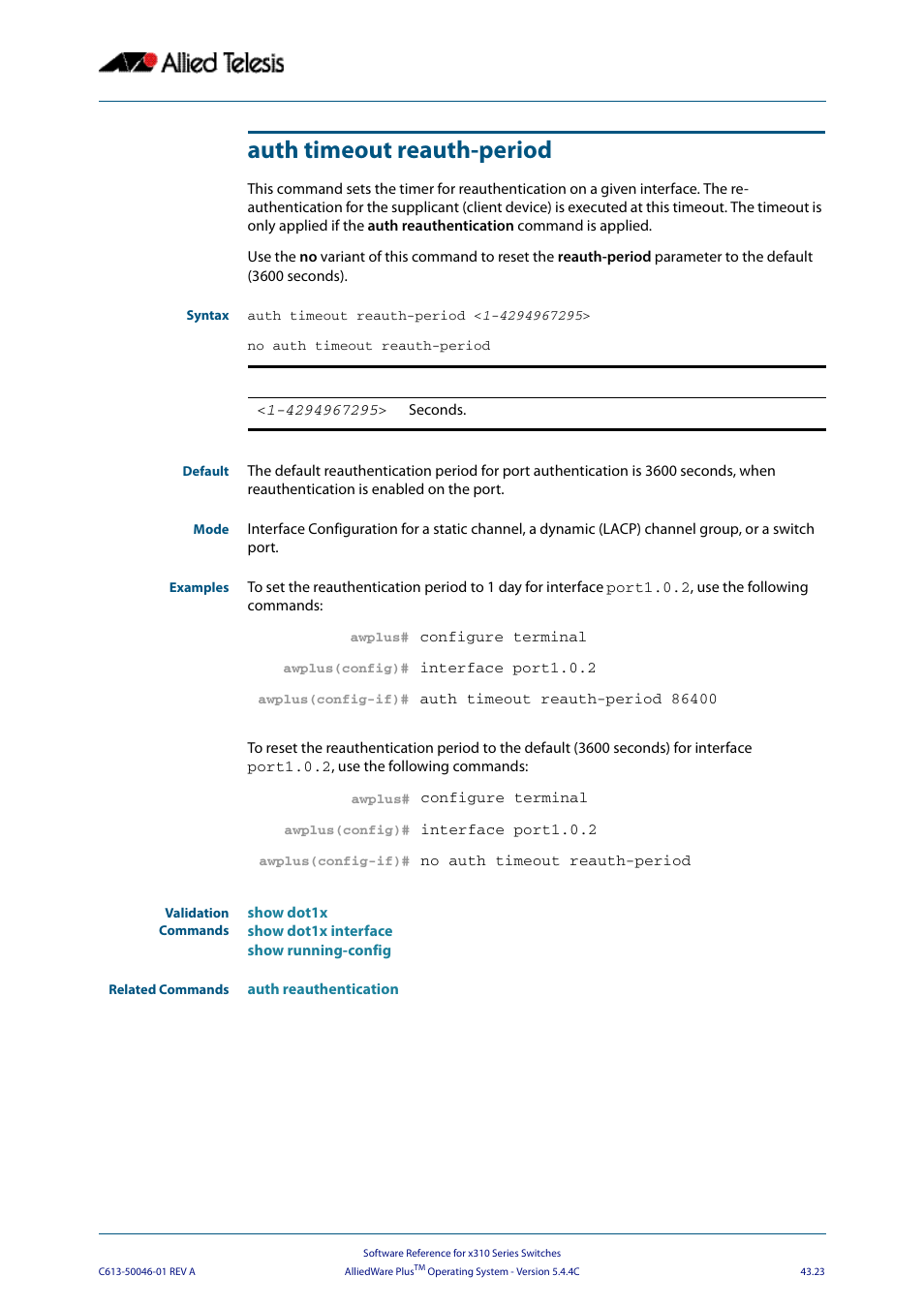 Auth timeout reauth-period, Ing the | Allied Telesis AlliedWare Plus Operating System Version 5.4.4C (x310-26FT,x310-26FP,x310-50FT,x310-50FP) User Manual | Page 1149 / 2220
