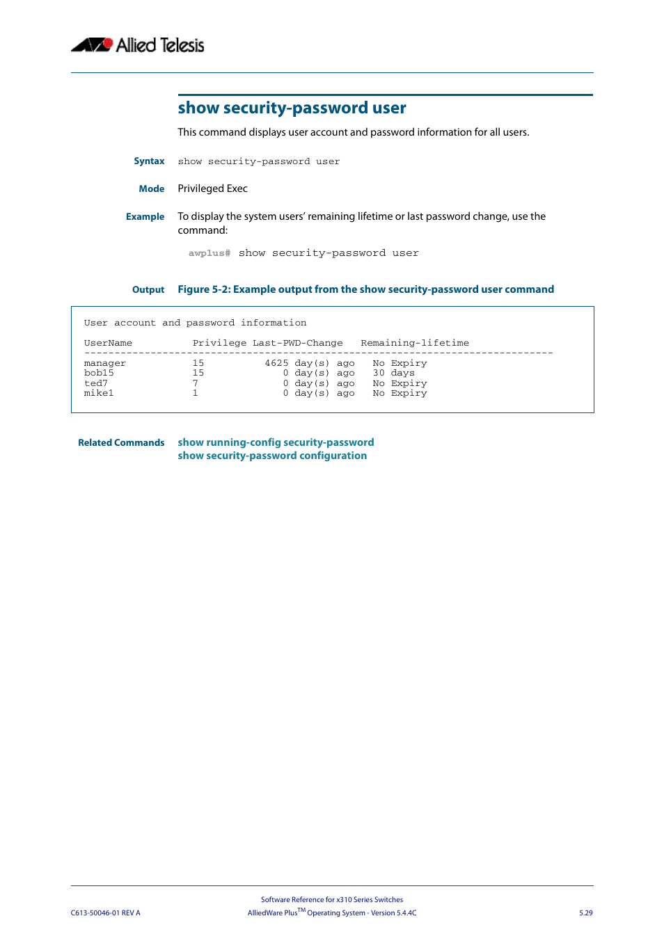 Show security-password user | Allied Telesis AlliedWare Plus Operating System Version 5.4.4C (x310-26FT,x310-26FP,x310-50FT,x310-50FP) User Manual | Page 115 / 2220