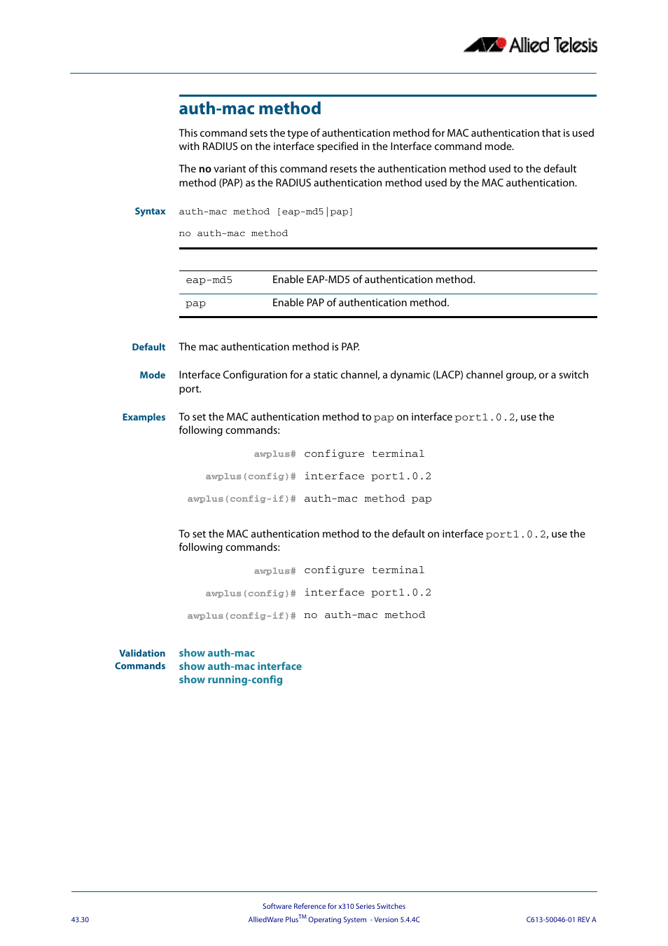 Auth-mac method | Allied Telesis AlliedWare Plus Operating System Version 5.4.4C (x310-26FT,x310-26FP,x310-50FT,x310-50FP) User Manual | Page 1156 / 2220