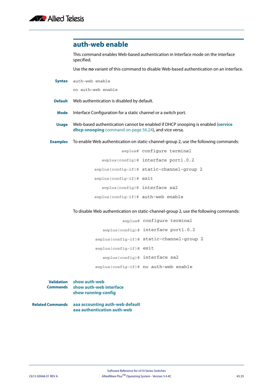 Auth-web enable | Allied Telesis AlliedWare Plus Operating System Version 5.4.4C (x310-26FT,x310-26FP,x310-50FT,x310-50FP) User Manual | Page 1159 / 2220