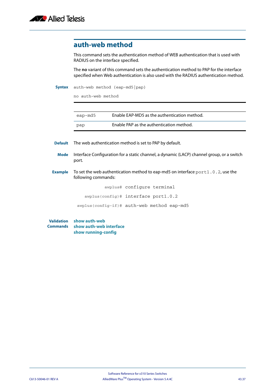 Auth-web method | Allied Telesis AlliedWare Plus Operating System Version 5.4.4C (x310-26FT,x310-26FP,x310-50FT,x310-50FP) User Manual | Page 1163 / 2220