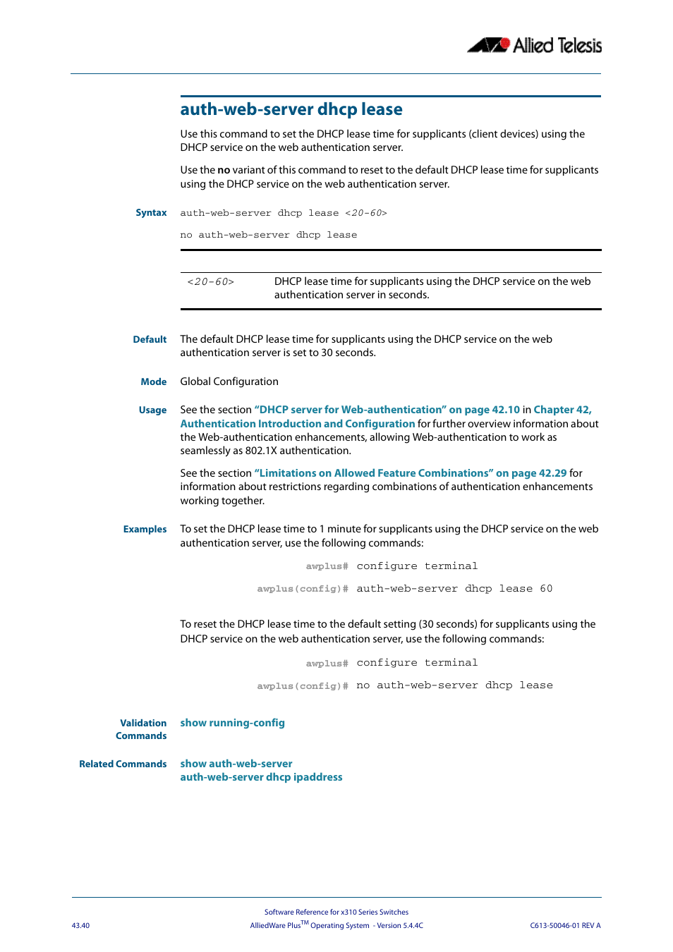 Auth-web-server dhcp lease, Auth-web | Allied Telesis AlliedWare Plus Operating System Version 5.4.4C (x310-26FT,x310-26FP,x310-50FT,x310-50FP) User Manual | Page 1166 / 2220