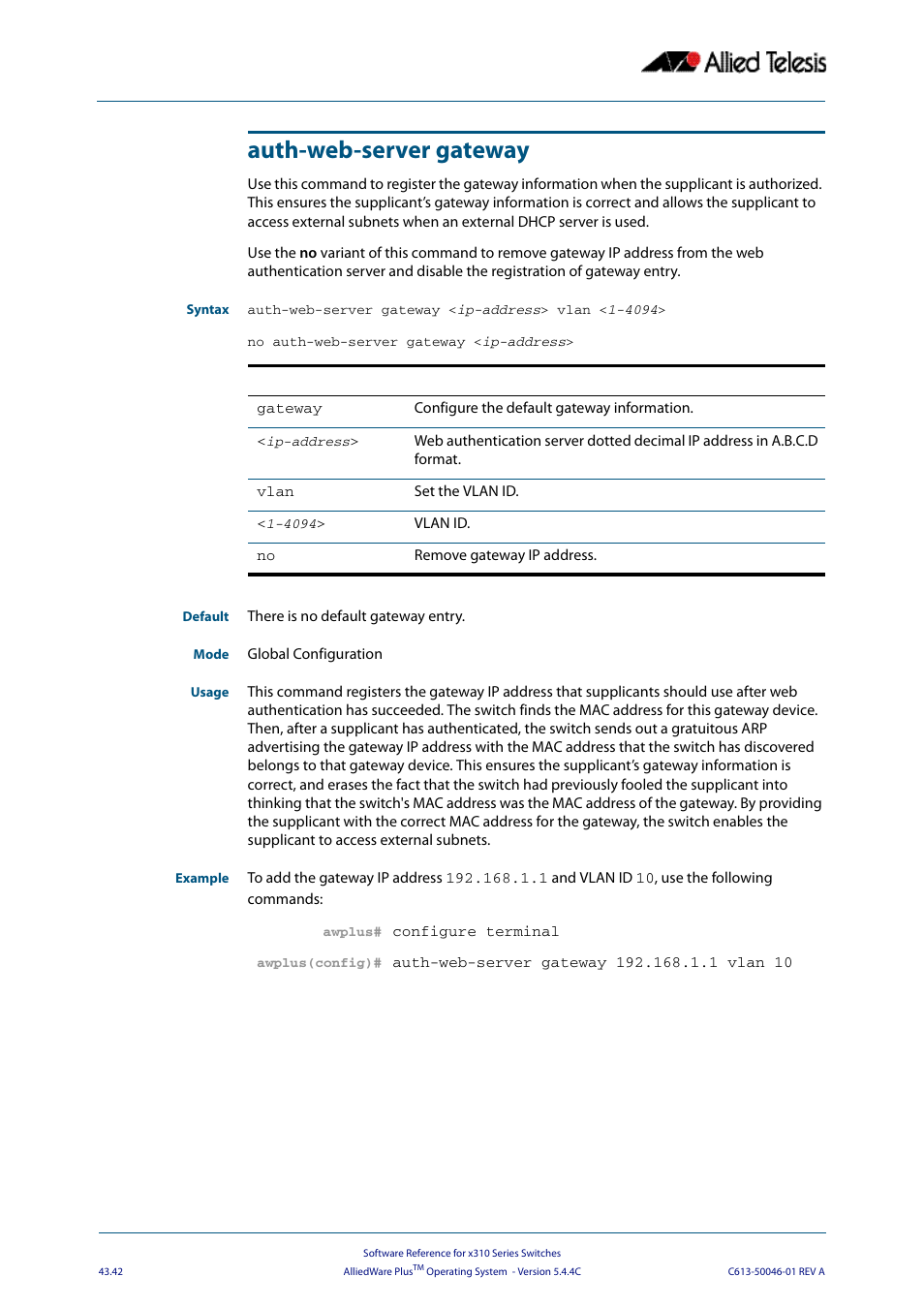 Auth-web-server gateway | Allied Telesis AlliedWare Plus Operating System Version 5.4.4C (x310-26FT,x310-26FP,x310-50FT,x310-50FP) User Manual | Page 1168 / 2220