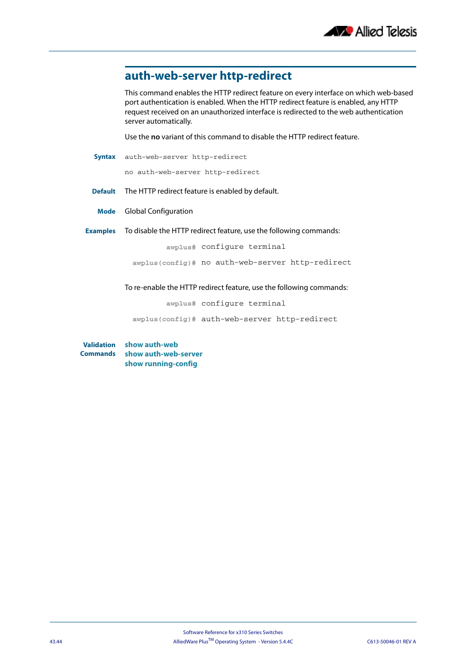 Auth-web-server http-redirect | Allied Telesis AlliedWare Plus Operating System Version 5.4.4C (x310-26FT,x310-26FP,x310-50FT,x310-50FP) User Manual | Page 1170 / 2220